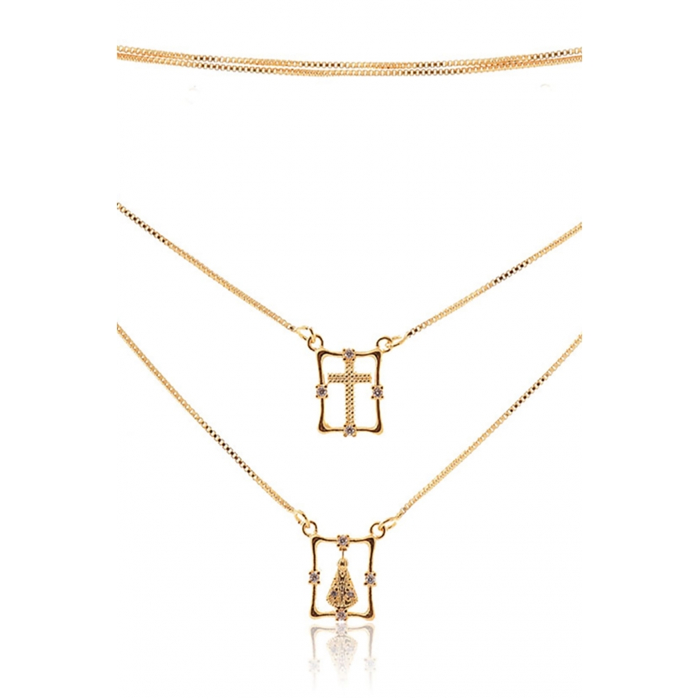 Escapulário Nossa Senhora Aparecida Com Zircônia Banhado em Ouro 18k - Dourado