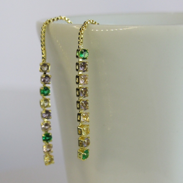 Brinco Fio de Corrente de Zircônias Coloridas Sortidas Banhado em Ouro 18k - Dourado