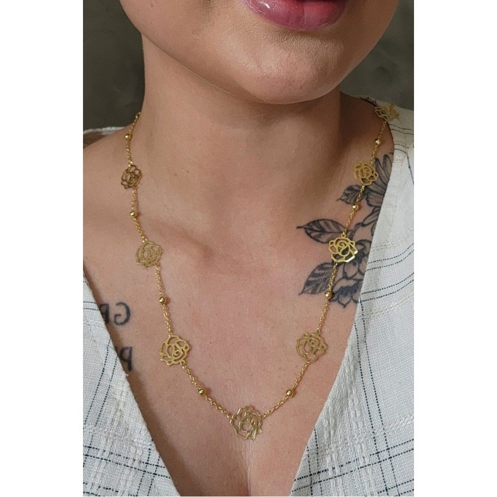 Colar Longo com Bolinha e Flor Banhado em Ouro 18k - Dourado