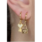 Brinco Duo Argolinha Chave e Cadeado Banhado em Ouro 18k - Dourado