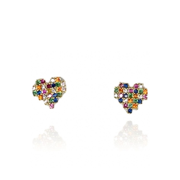 Brinco Coração Com Zircônias Coloridas Banhado em Ouro 18k - Dourado