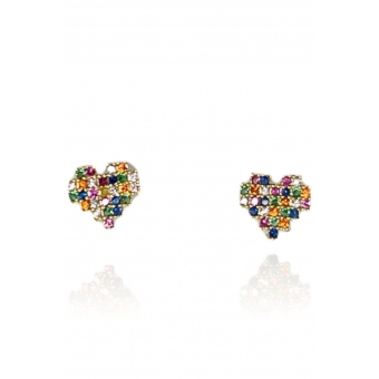 Brinco Coração Com Zircônias Coloridas Banhado em Ouro 18k