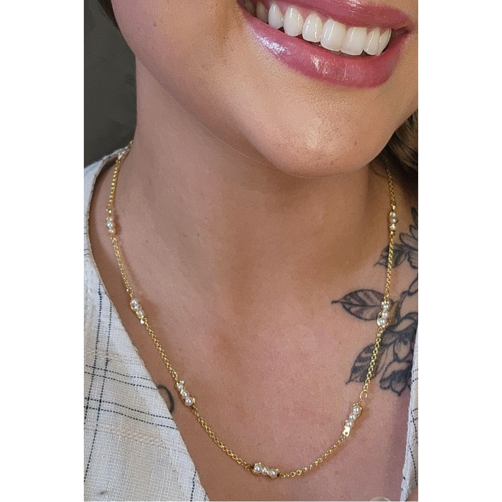 Colar com Corrente de Mini Pérolas Banhado em Ouro 18k - Dourado