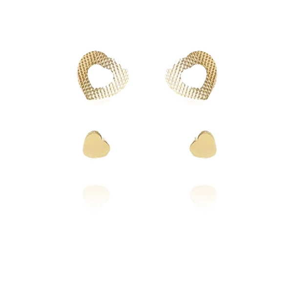 Duo Coração Pequeno e Coração Vazado Trabalhado Banhado em Ouro 18k - Dourado