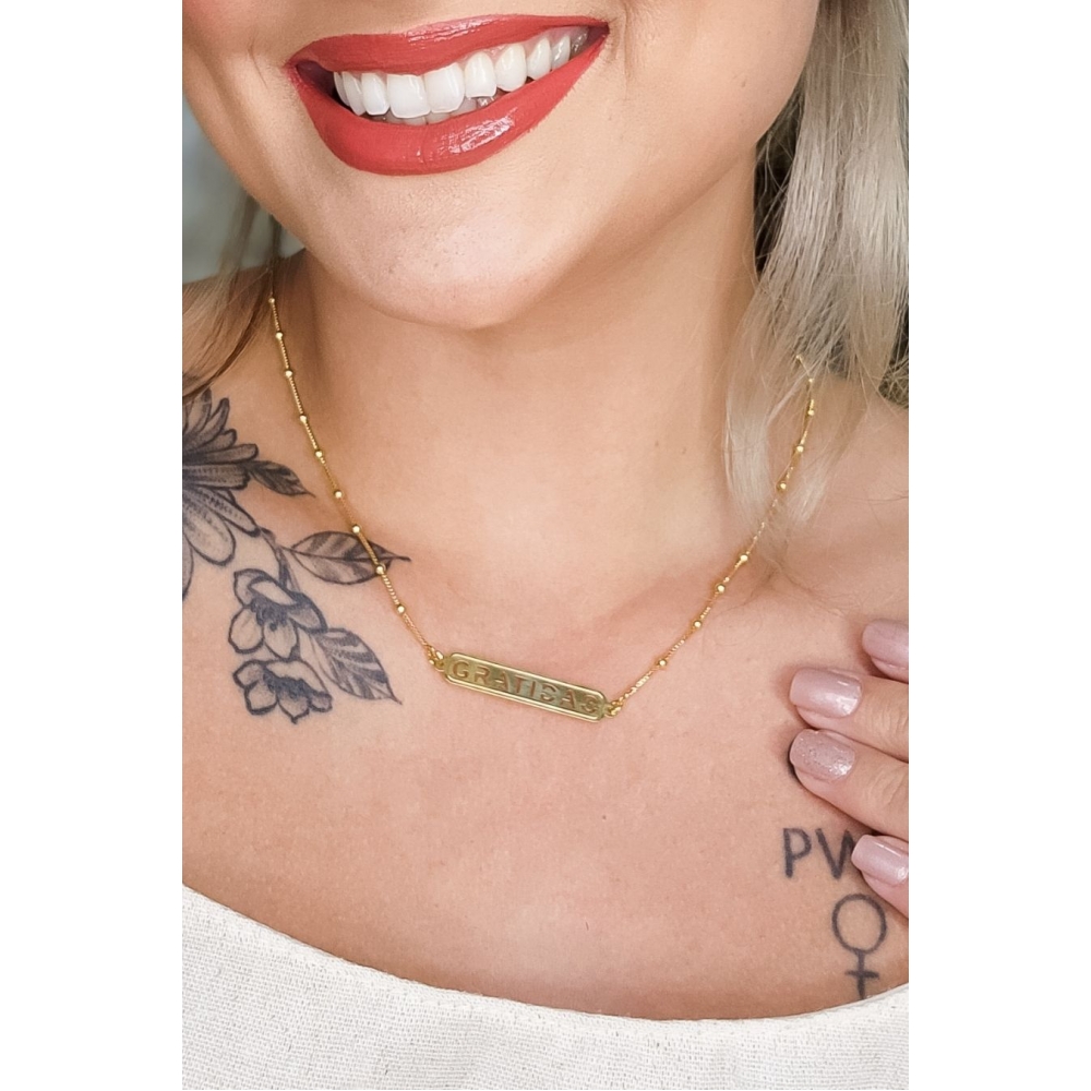 Colar com Corrente e Pingente Gratidão Banhado em Ouro 18k - Dourado