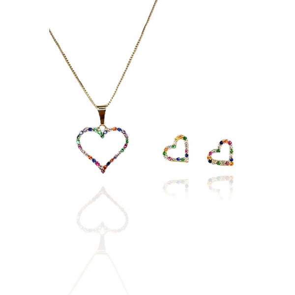 Conjunto Corações com Zircônia Colorida Banhado em Ouro 18k - Dourado