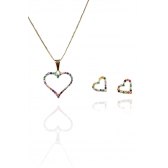 Conjunto Corações com Zircônia Colorida Banhado em Ouro 18k - Dourado