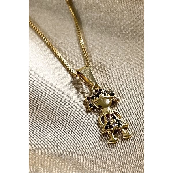 Colar Pingente Menina com Zircônia Colorida Banhado em Ouro 18k - Dourado