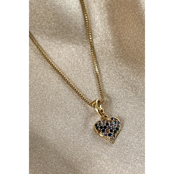 Colar Pingente Coração com Zircônia Multicolor Banhado em Ouro 18k - Dourado