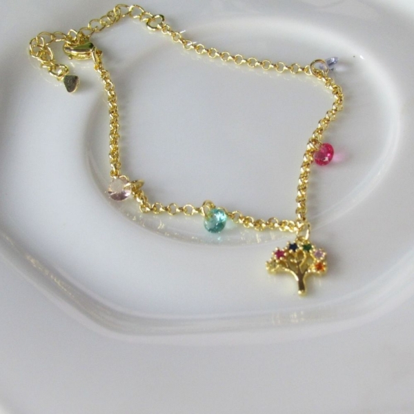 Pulseira Árvore da Vida Com Zircônias Coloridas Banhado em Ouro 18k - Dourado