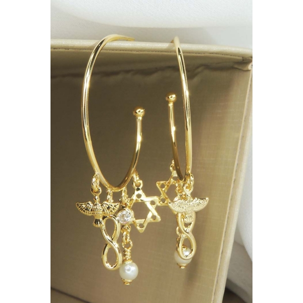 Brinco Argola Médio com Pingente Esotéricos Banhado em Ouro 18k - Dourado