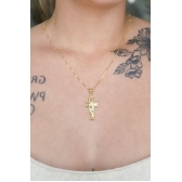 Colar com Pingente de Cruz e Face de Jesus Banhado em Ouro 18k - Dourado