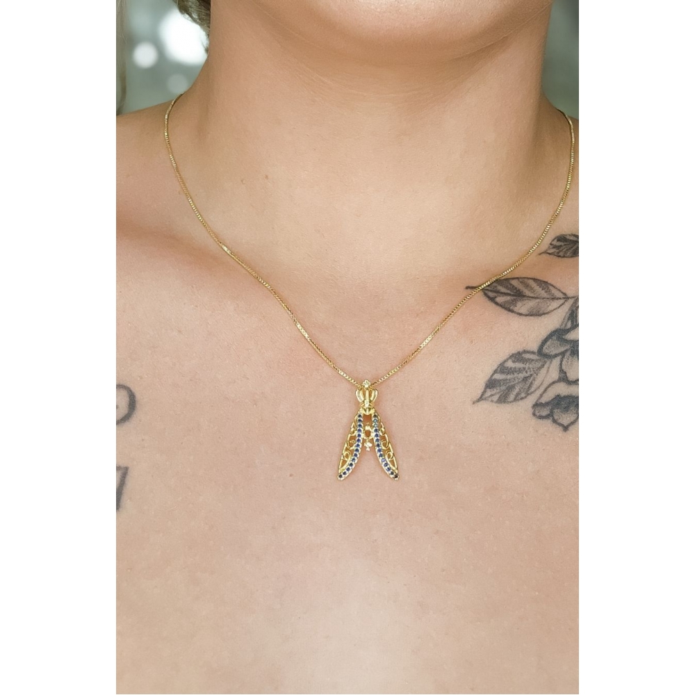 Colar Nossa Senhora Com Zircônias Azuis Banhado em Ouro 18k - Dourado