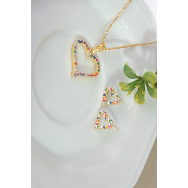 Conjunto Corações com Zircônia Colorida Banhado em Ouro 18k - Dourado