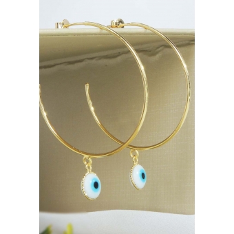 Brinco Argola Média Olho Grego Banhado em Ouro 18k