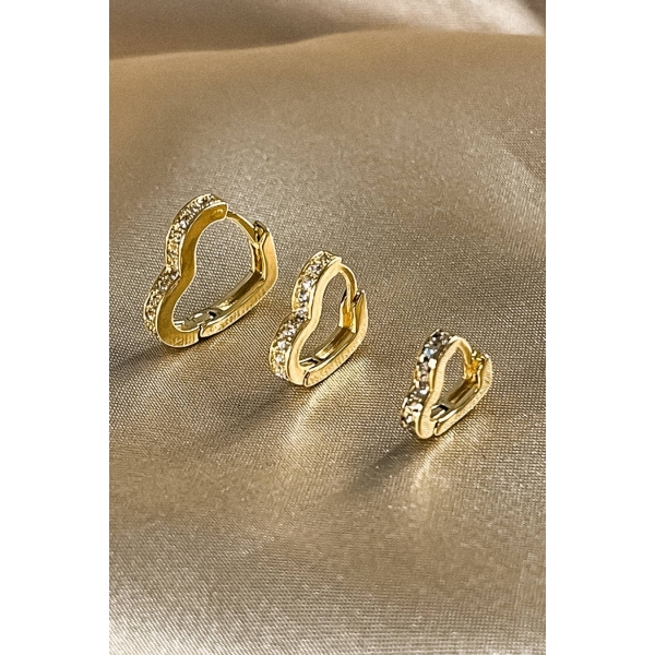 Trio de Brincos de Coração Banhado em Ouro 18k - Dourado