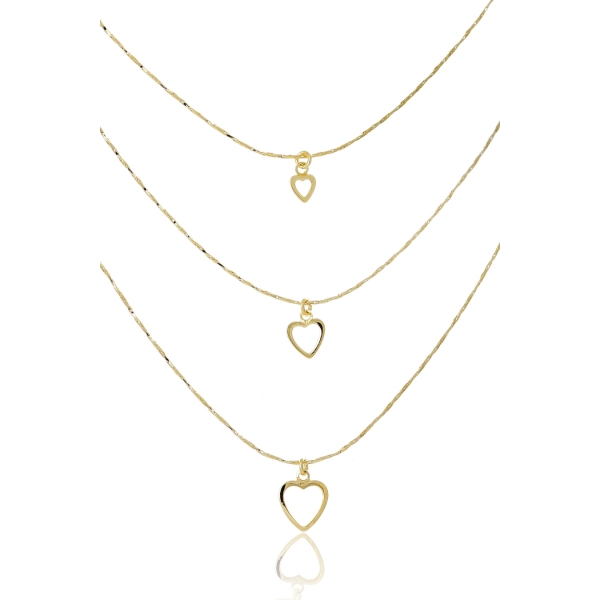 Colar Triplo de Corações Vazados Banhado em Ouro 18k - Dourado