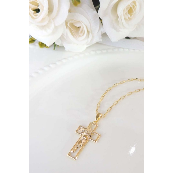 Colar com Pingente de Cruz e Face de Jesus Banhado em Ouro 18k - Dourado