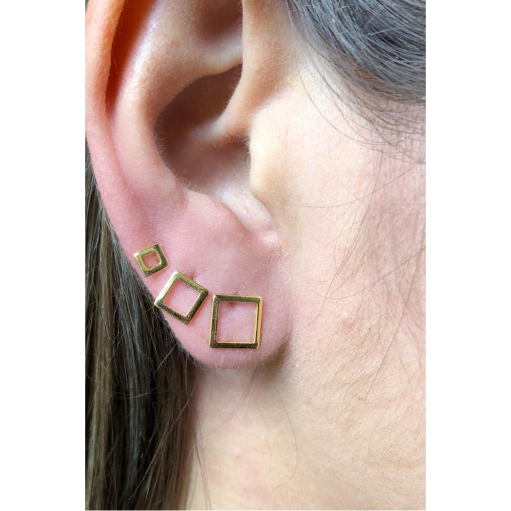 Trio de Brincos Quadrados Banhado em Ouro 18k - Dourado