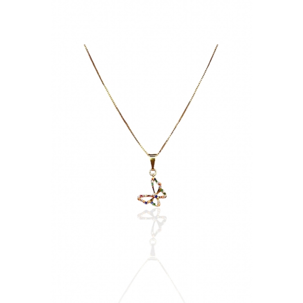Colar Pingente Borboleta com Zircônia Colorida Banhado em Ouro 18k - Dourado