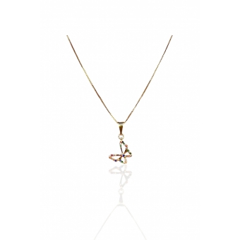 Colar Pingente Borboleta com Zircônia Colorida Banhado em Ouro 18k