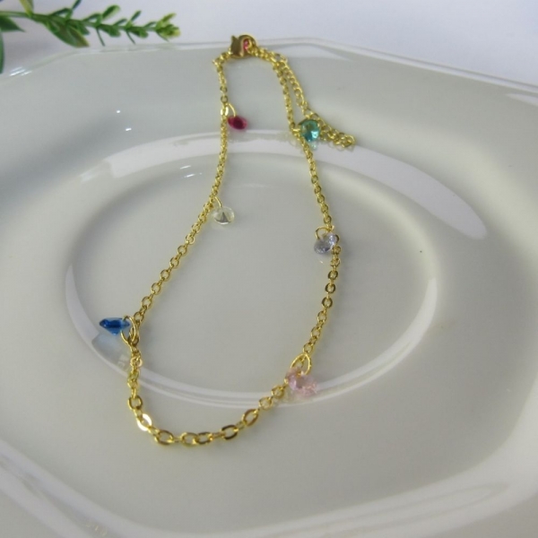 Tornozeleira Com Zircônia Coloridas Banhado em Ouro 18k - Dourado
