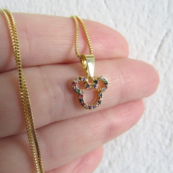 Colar Com Pingente Do Mickey De Zircônia Colorida Banhado em Ouro 18k - Dourado