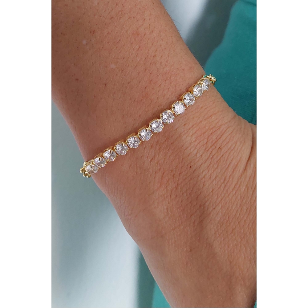 Pulseira Elos Redondos Com Faixa de Zircônia Banhado em Ouro 18k - Dourado