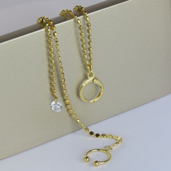 Brinco Argolinha Corrente com Ponto de Luz e Piercing Fake Banhado em Ouro 18k - Dourado