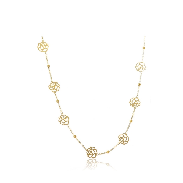 Colar Longo com Bolinha e Flor Banhado em Ouro 18k - Dourado