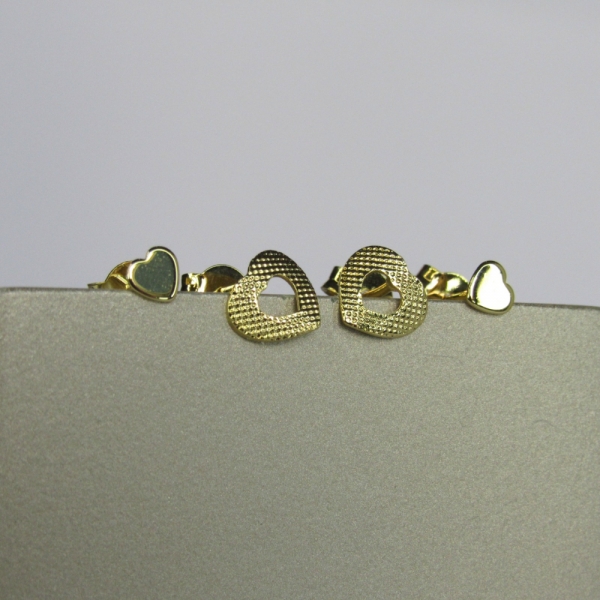 Duo Coração Pequeno e Coração Vazado Trabalhado Banhado em Ouro 18k - Dourado