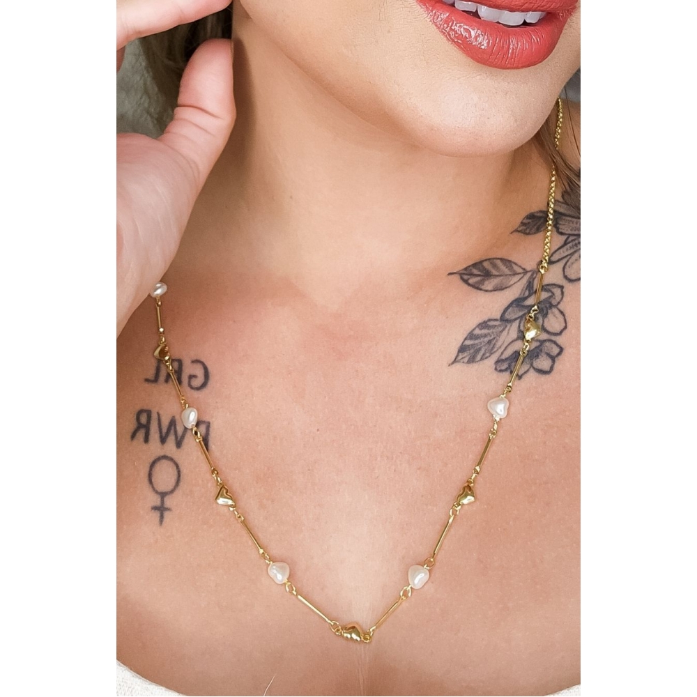 Colar com Pérolas de Coração Banhado em Ouro 18k - Dourado