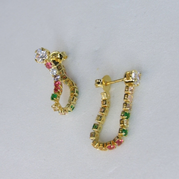 Brinco Corrente de Zircônias Coloridas Sortidas Com Zircônia na Ponta Banhado em Ouro 18k - Dourado