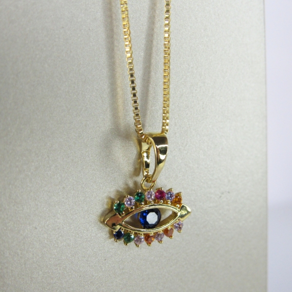 Colar Pingente Olho Grego com Zircônia Multicolor Banhado em Ouro 18k - Dourado