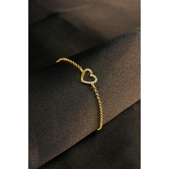 Pulseira Com Pingente De Coração Em Zircônias Coloridas Banhado em Ouro 18k