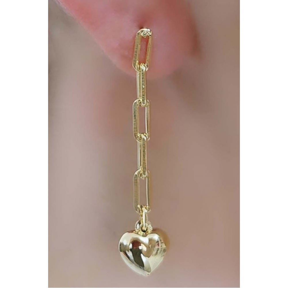 Brinco Corrente Elo com Coração na Ponta Banhado em Ouro 18k - Dourado