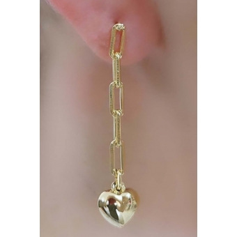 Brinco Corrente Elo com Coração na Ponta Banhado em Ouro 18k