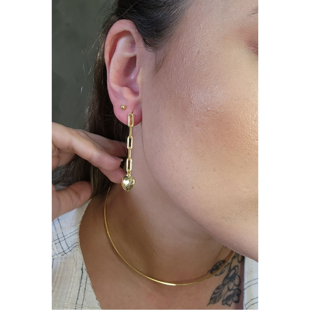 Brinco Argolinha com Corrente e Coração Banhado em Ouro 18k - Dourado