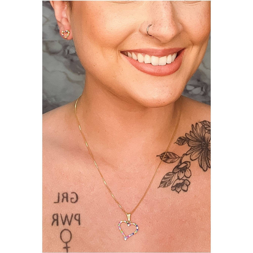 Conjunto Corações com Zircônia Colorida Banhado em Ouro 18k - Dourado