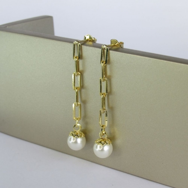 Brinco Corrente Com Pérola na Ponta Banhado em Ouro 18k - Dourado