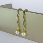 Brinco Corrente Com Pérola na Ponta Banhado em Ouro 18k - Dourado