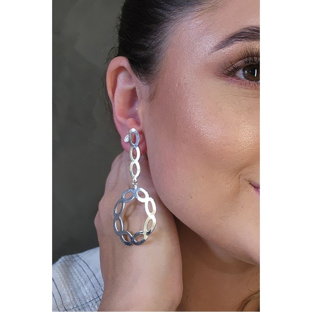 Brinco com fio e Círculo com Arcos Banhado em Ródio Branco - Branco