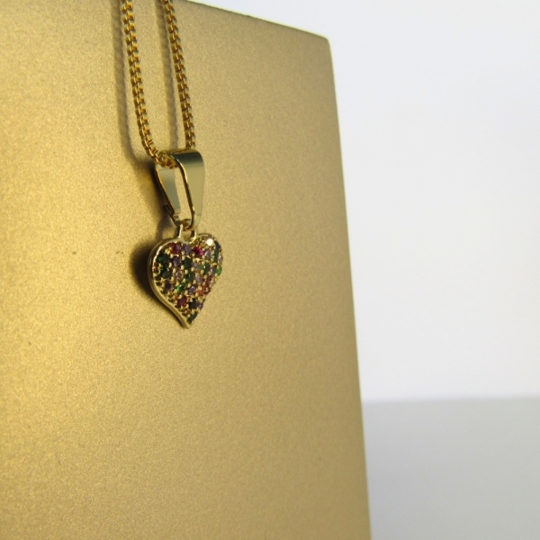 Colar Pingente Coração com Zircônia Multicolor Banhado em Ouro 18k - Dourado