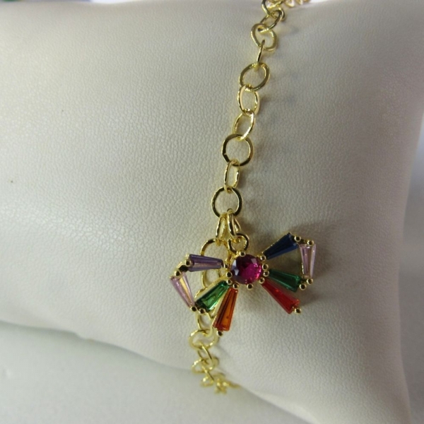 Pulseira Com Laço De Zircônias Coloridas Banhado em Ouro 18k - Dourado