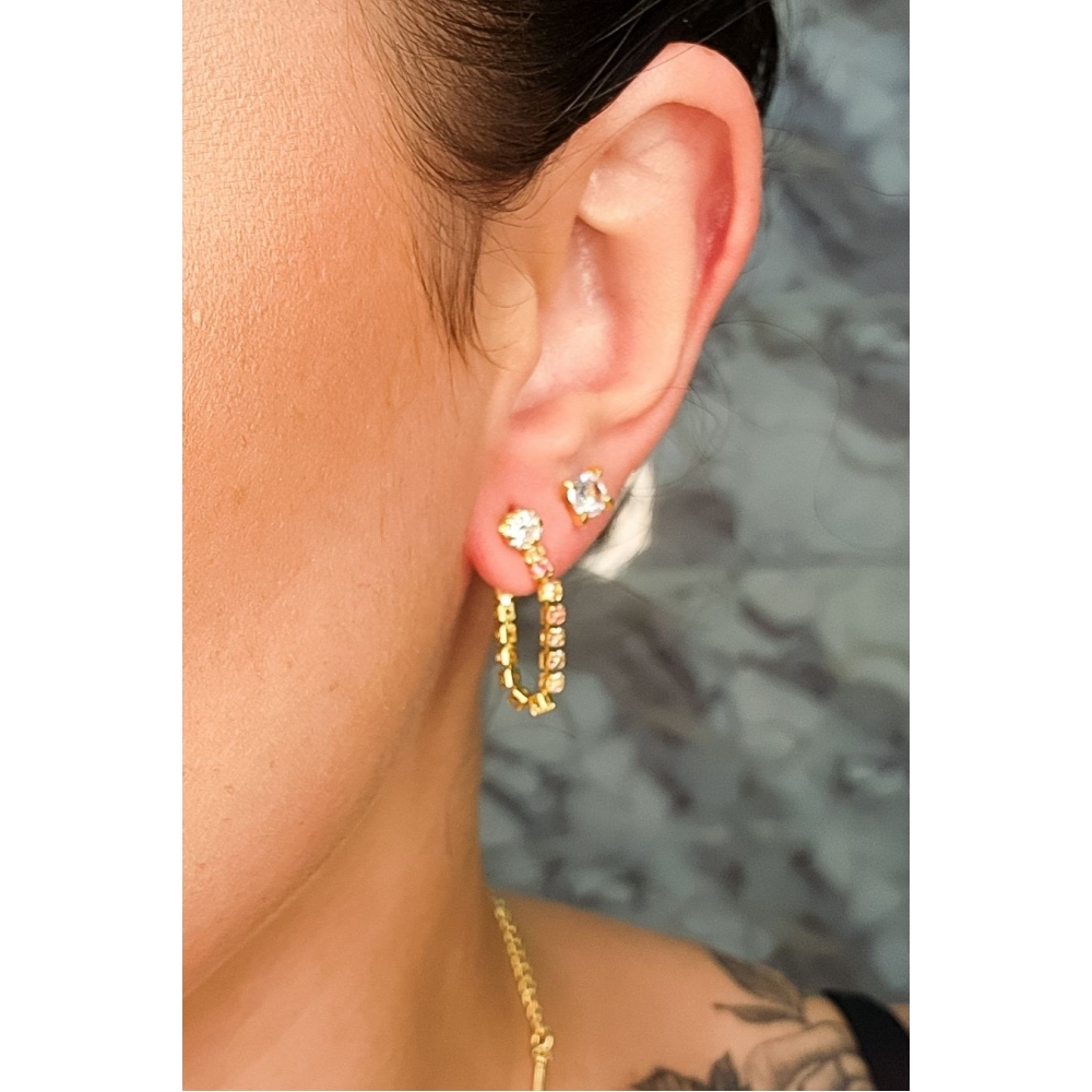 Brinco Corrente de Zircônias Coloridas Sortidas Com Zircônia na Ponta Banhado em Ouro 18k - Dourado
