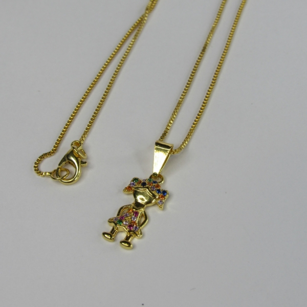Colar Pingente Menina com Zircônia Colorida Banhado em Ouro 18k - Dourado