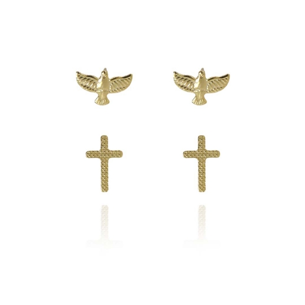 Duo de Cruz e Espírito Santo Banhado em Ouro 18k - Dourado