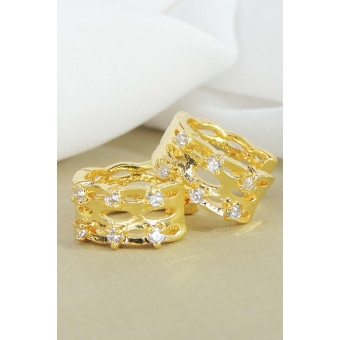 Brinco Argola Trabalhada Vazada com 4 Zircônias Banhado em Ouro 18k