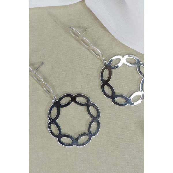 Brinco com fio e Círculo com Arcos Banhado em Ródio Branco - Branco