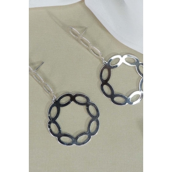 Brinco com fio e Círculo com Arcos Banhado em Ródio Branco